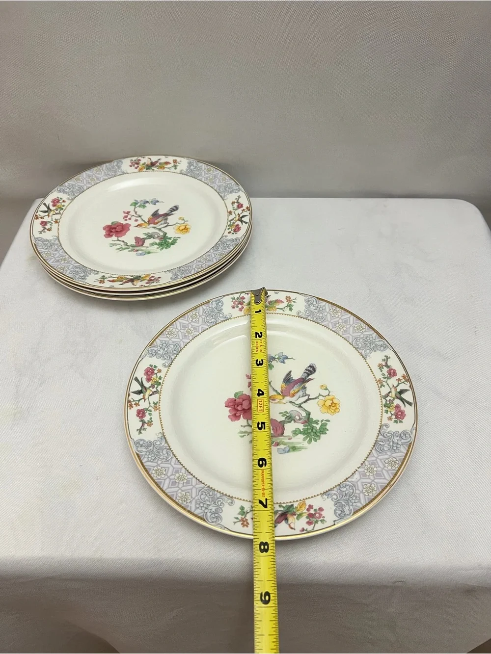 Johnson Bros England Vintage Bird Floral Dinner Plates Set of 4 Gold Trim 8”